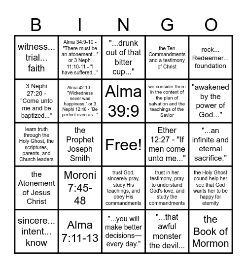 Book of Mormon Doctrinal Mastery Bingo Card