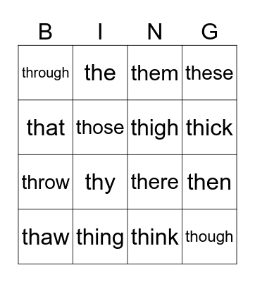 th sounds Bingo Card