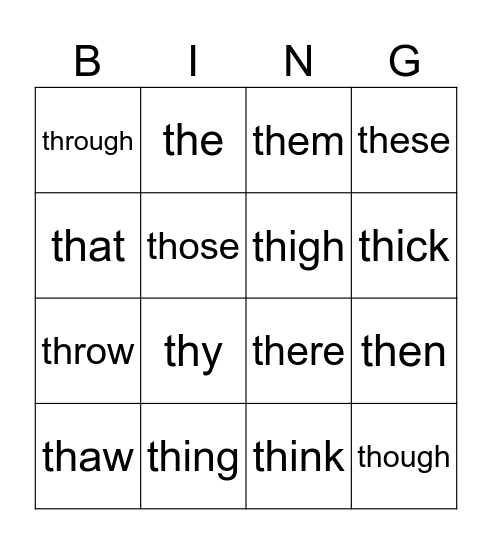 th sounds Bingo Card