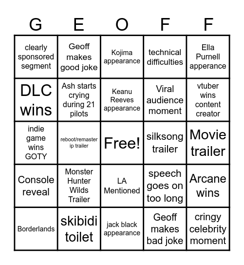 Game Awards Bingo 2024 Bingo Card