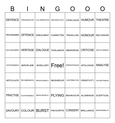 Advance English Bingo 1 Bingo Card
