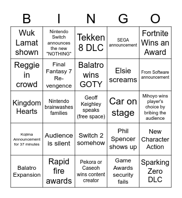 The Game Awards Bingo Card