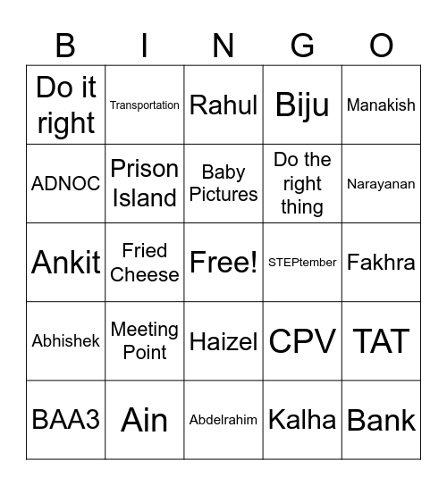 Credit's Day Out Bingo Card