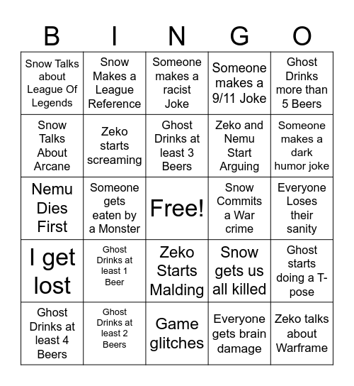 Lethal Company Bingo Card