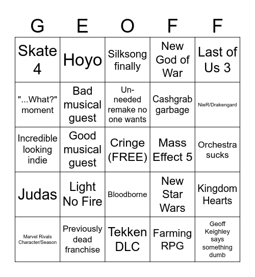 Game Awards BINGO Card