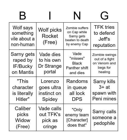 Mental Asylum Marvel Rivals 1st Edition Bingo Card