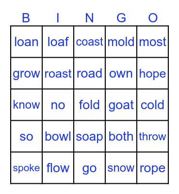 Long o words Bingo Card