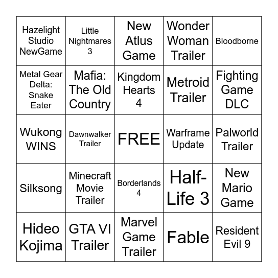 The Game Awards 2024 Bingo Card