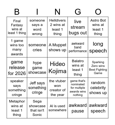 Game Awards 2024 Bingo Card