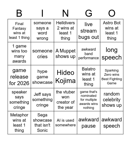 Game Awards 2024 Bingo Card