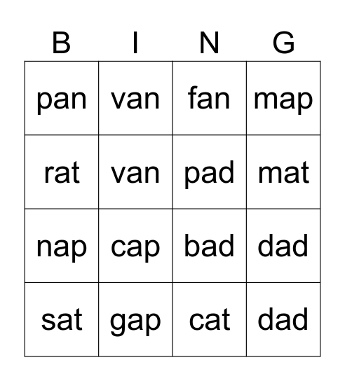 PHONICS Bingo Card