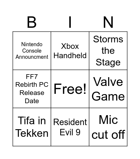 Game Awards 2024 Bingo Card