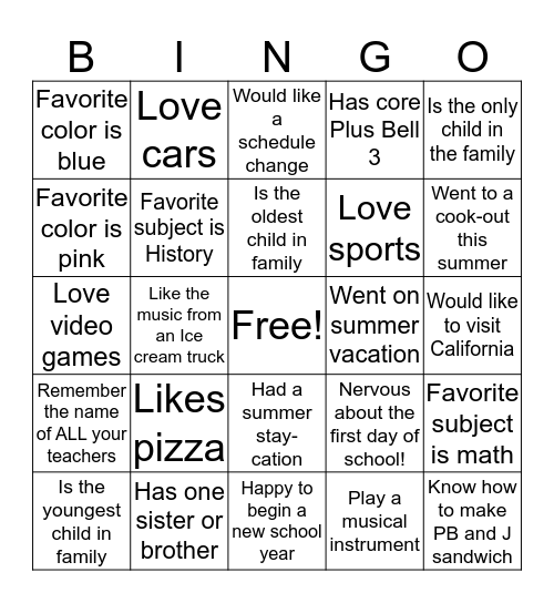 Getting to Know You Bingo Card