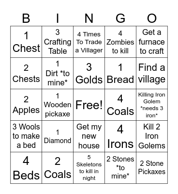 Minecraft Roulette Items Bingo Card