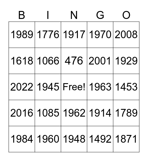 years Bingo Card