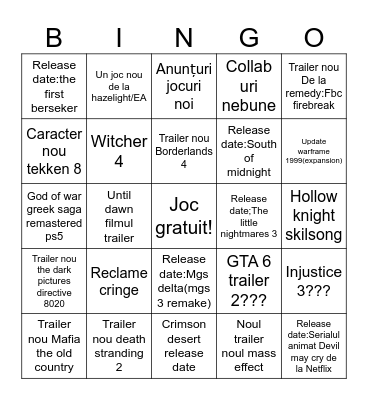 Game Awards 2024 Bingo Card