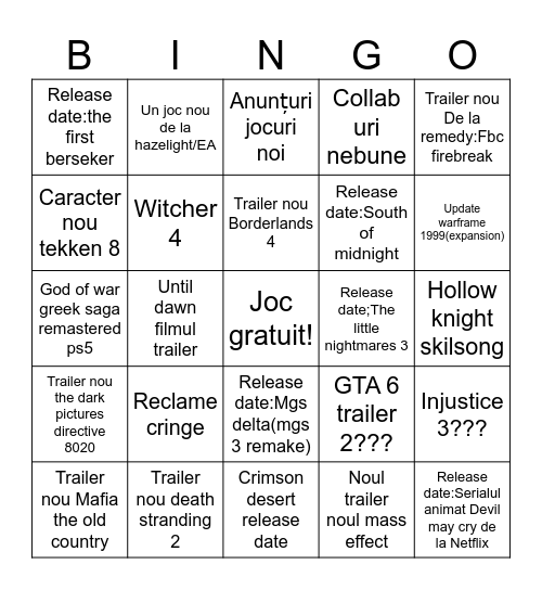 Game Awards 2024 Bingo Card