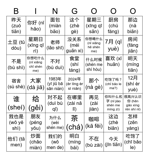 Look At My Chinese Level! Bingo Card