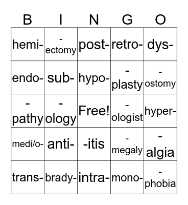 Body Organization Medical Terminology Bingo Card