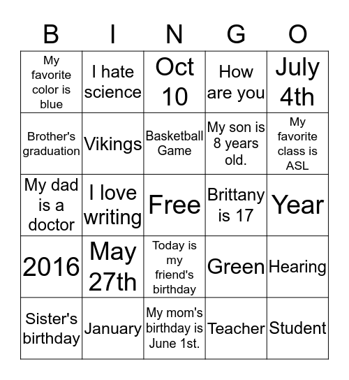 ASL 2 Review Bingo Card