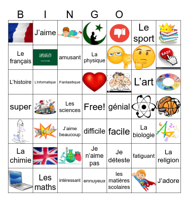 les matières scolaires Bingo Card