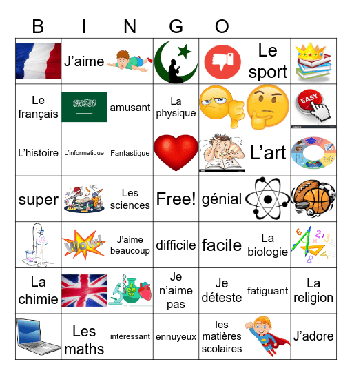 les matières scolaires Bingo Card