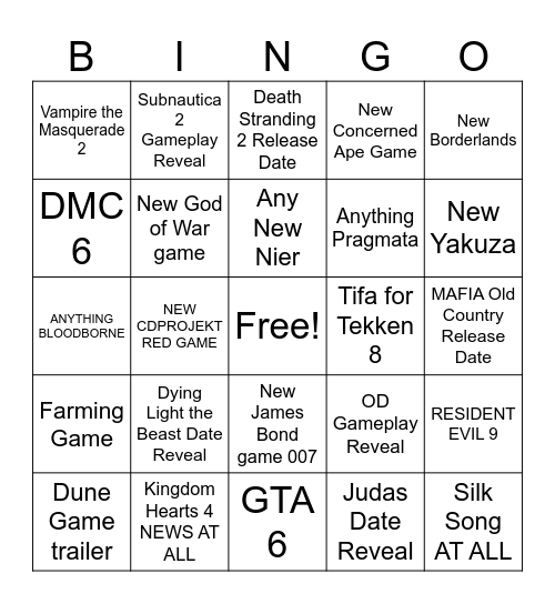 2024 TGA PREDICTIONS Bingo Card