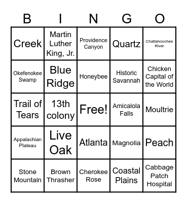 Christmas in Georgia Bingo Card
