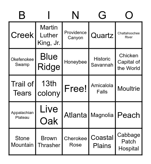 Christmas in Georgia Bingo Card