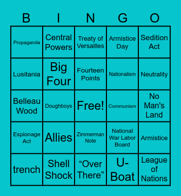 WWI Bingo Card