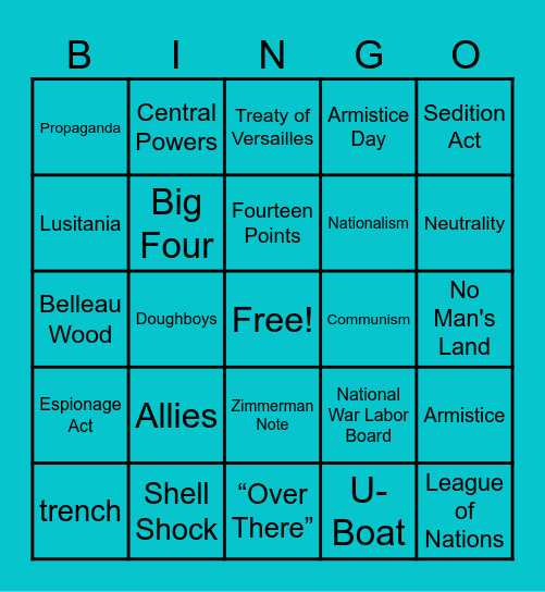 WWI Bingo Card