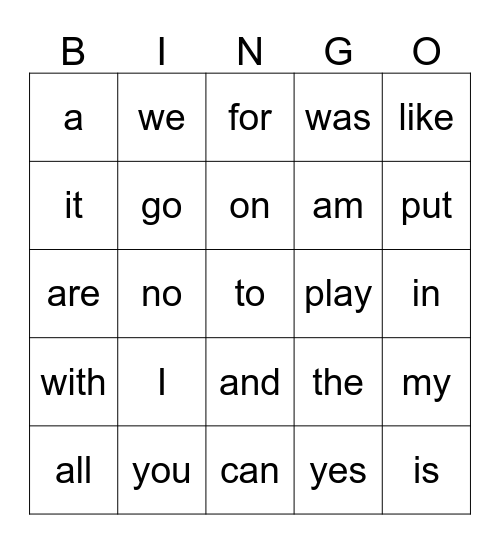 Sight Words Bingo Card