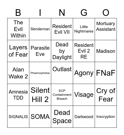 IGN The Best 25 Horror Games Ever Made Bingo Card