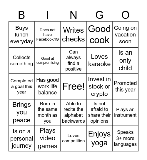 Find Someone Who Bingo Card