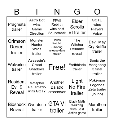 The Game Awards 2024 Bingo Card