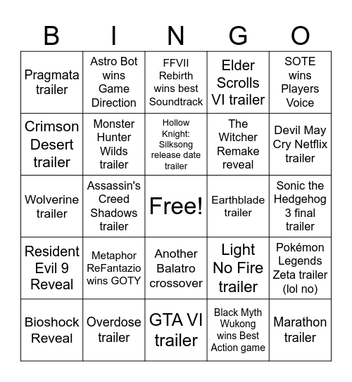 The Game Awards 2024 Bingo Card