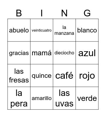 Kindergarten Spanish Bingo Card