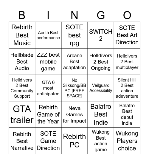 Game Awards 2024 Bingo Card