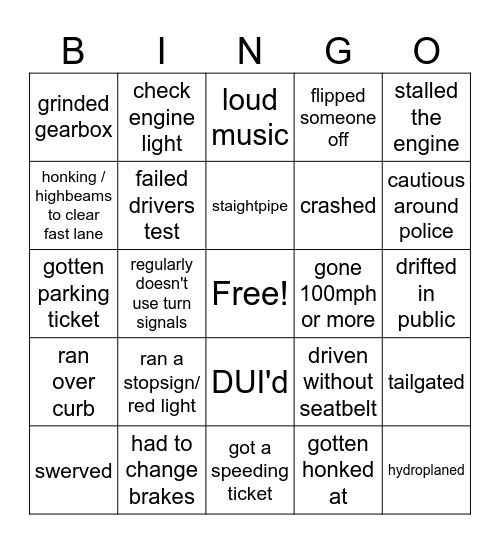 Bad driver Bingo Card