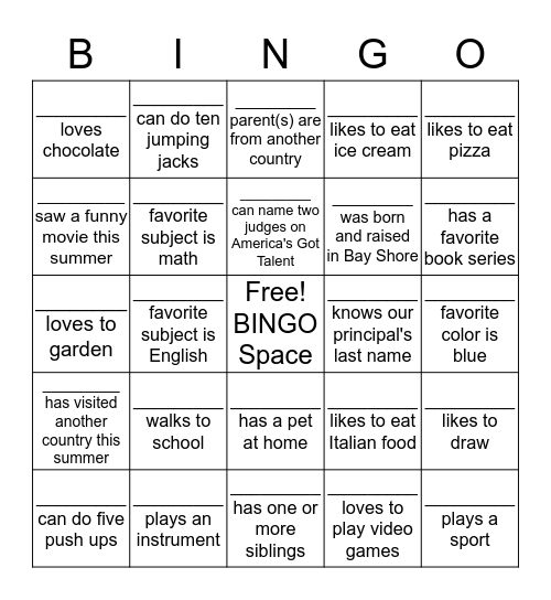 Getting to Know Others! Bingo Card