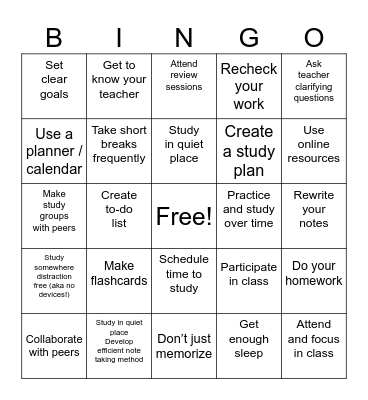 Study Skills Bingo Card