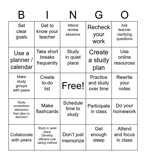 Study Skills Bingo Card