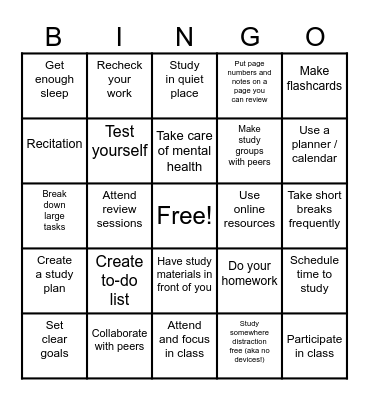 Study Skills Bingo Card