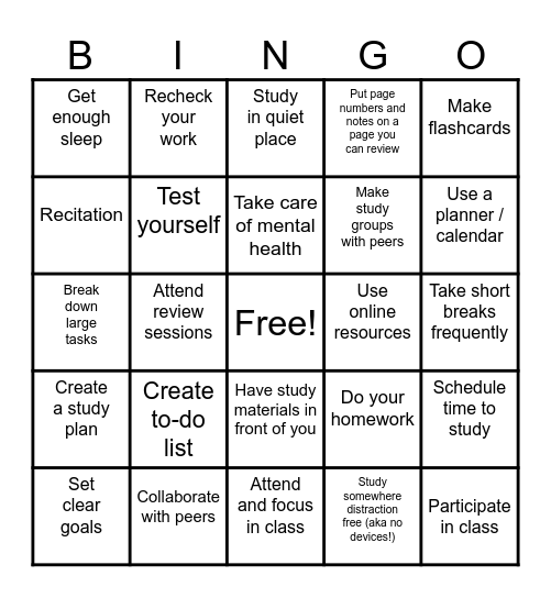 Study Skills Bingo Card