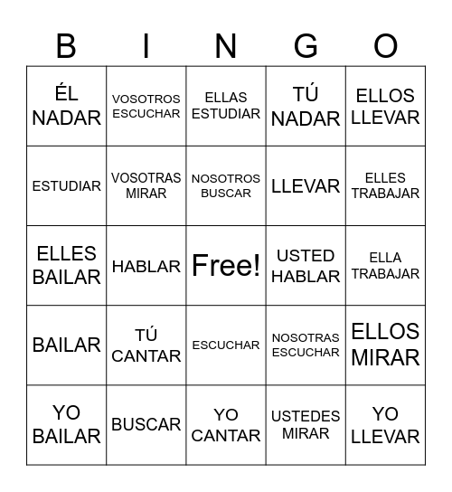 -AR Verbs Bingo Card