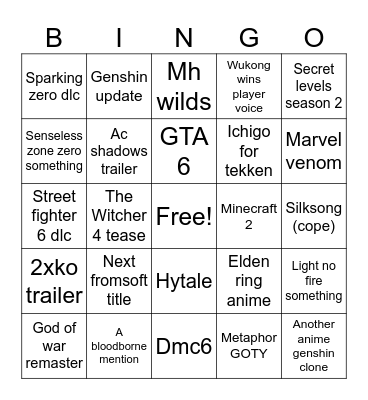 GOTY bingo Card