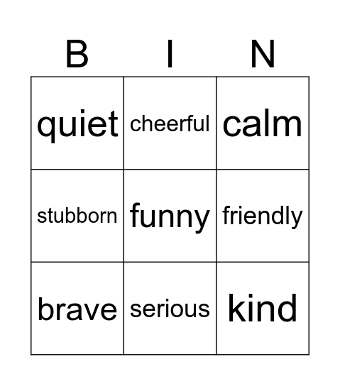 Adjectives of Personality Bingo Card