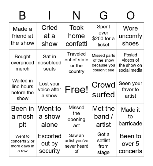 Concert Bingo Card