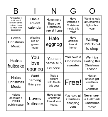 Staff Christmas Bingo Card