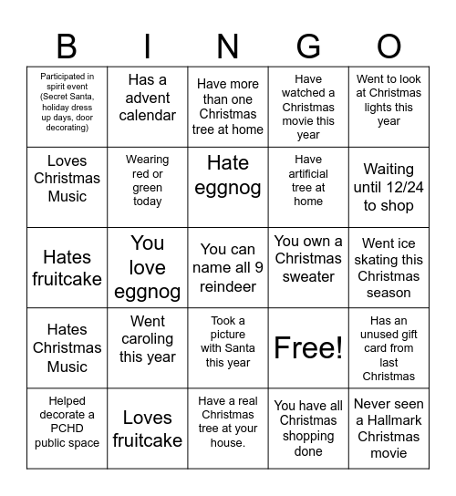 Staff Christmas Bingo Card